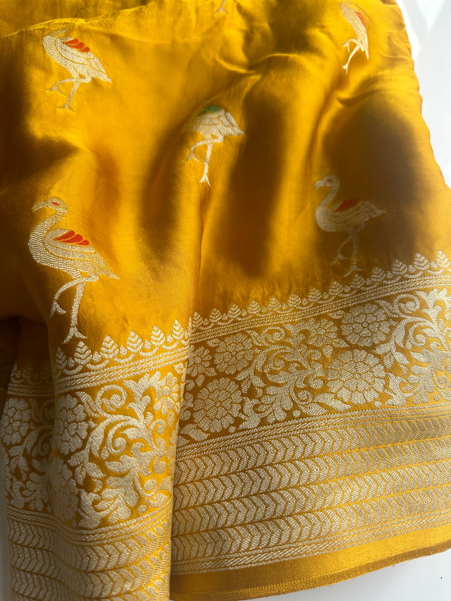 Mastard yellow mashru satin silk saree