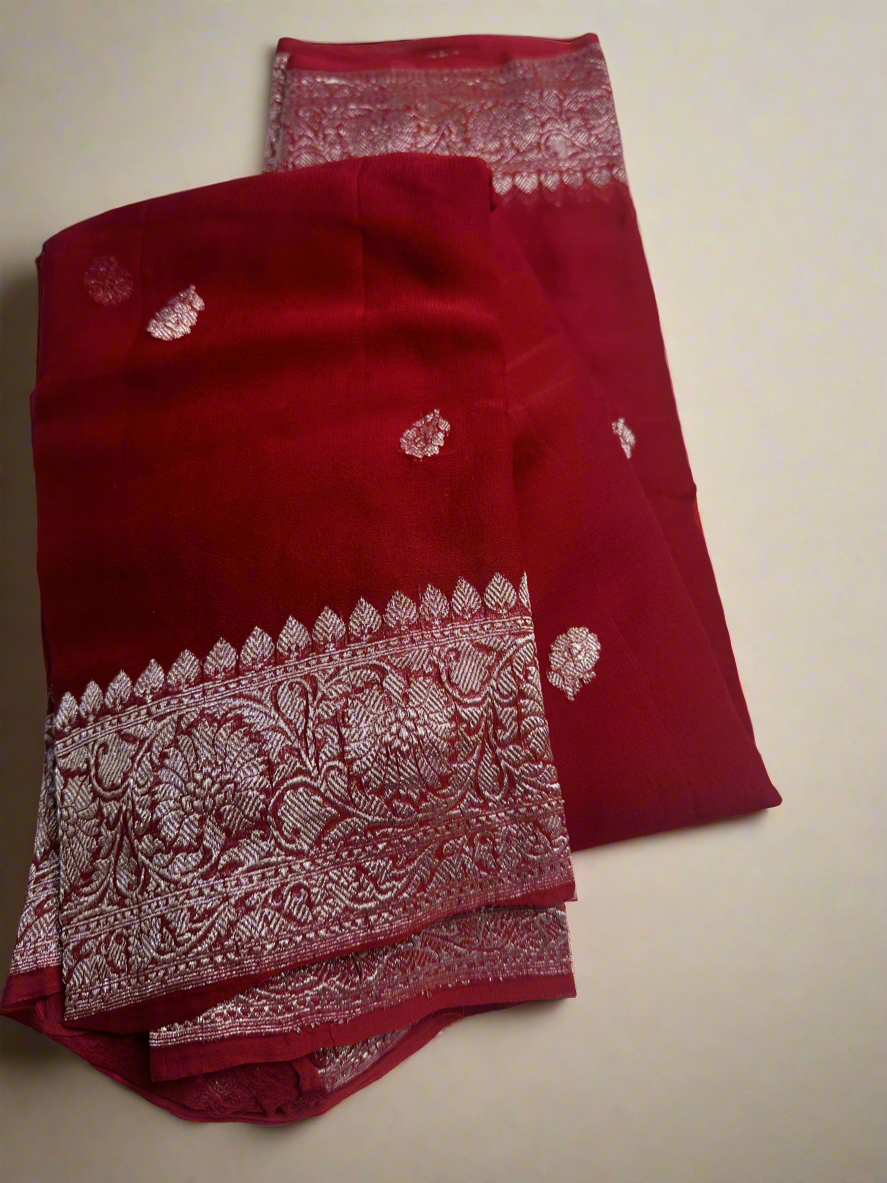 RED CHIFFON GEORGETTE WITH SILVER BUTTA SAREE