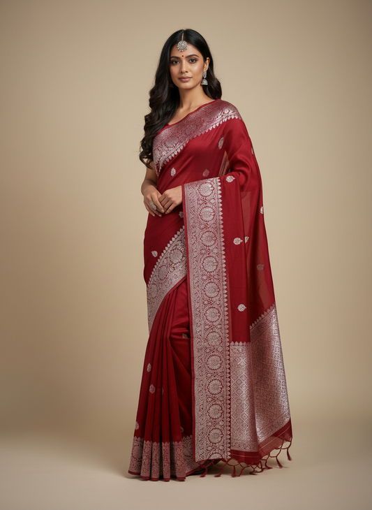 DEEP RED CHIFFON GEORGETTE WITH SILVER BUTTA SAREE