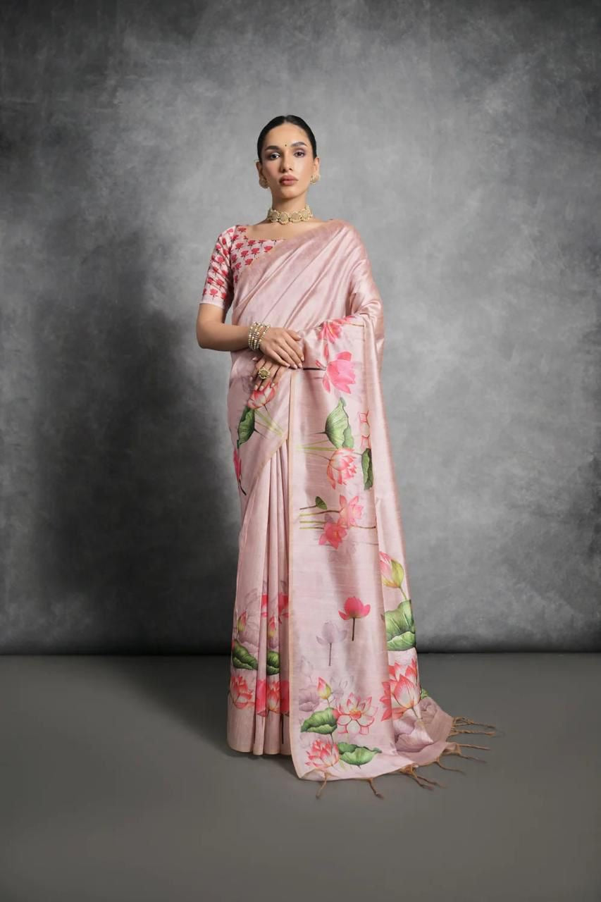 Rose gold-pink Digital flower printed saree