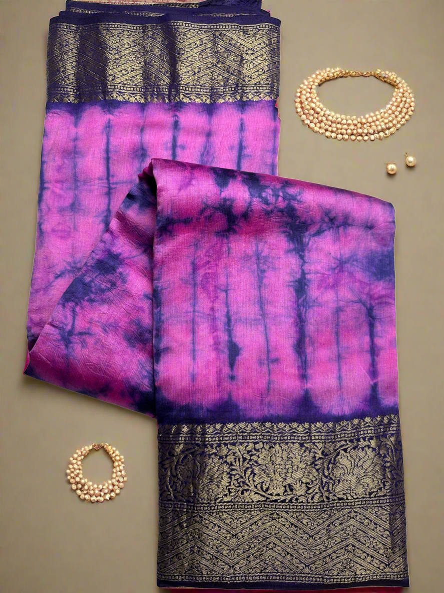 Pink-purple tie-dye pure chiniya silk saree