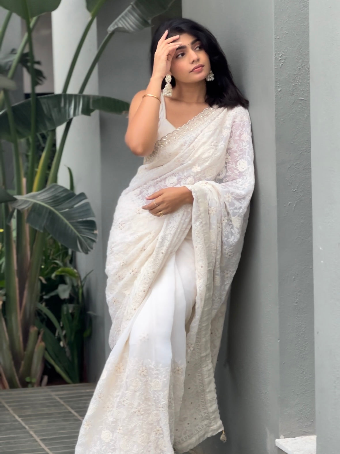 Off-white Chikankari saree