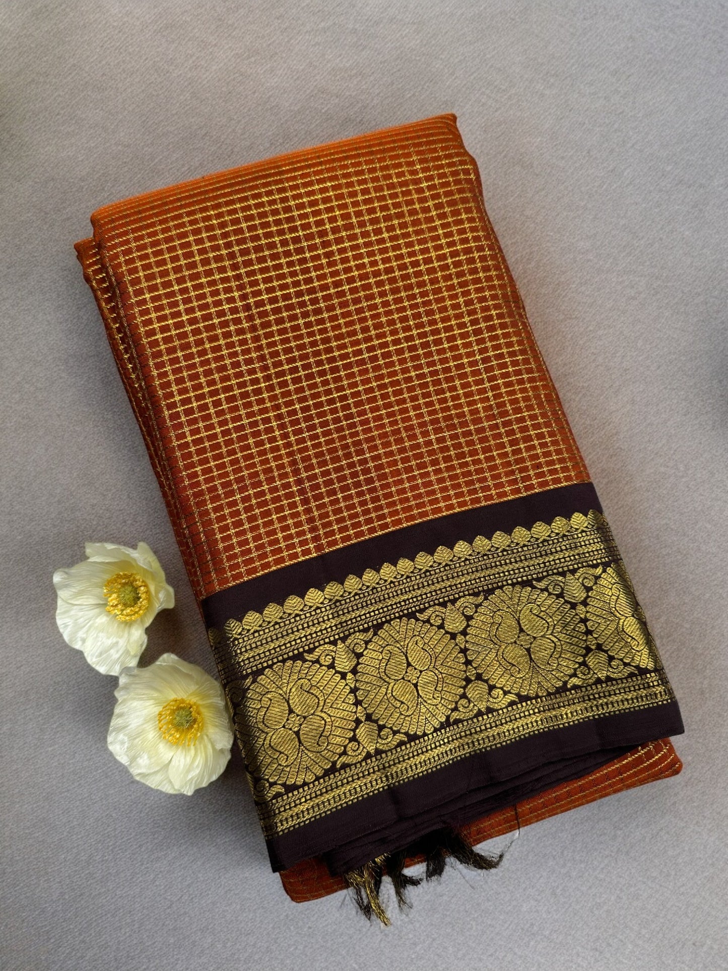 Rust orange- coffee brown pure Kanjeevaram silk saree