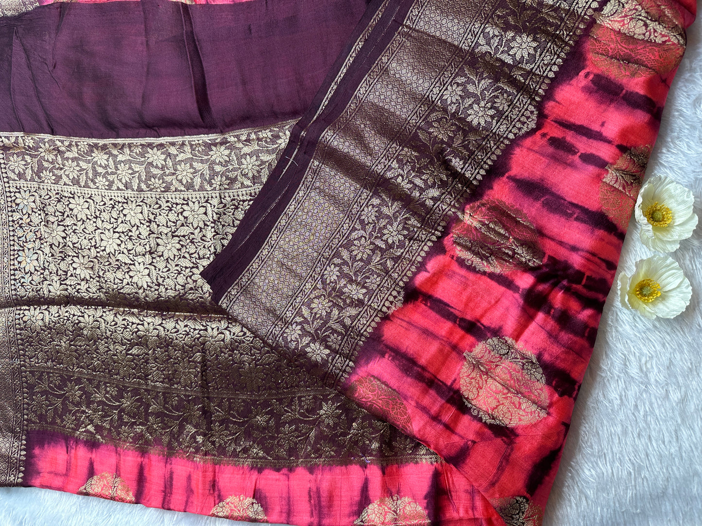 Bright coral- brown tie-dye pure chiniya silk saree