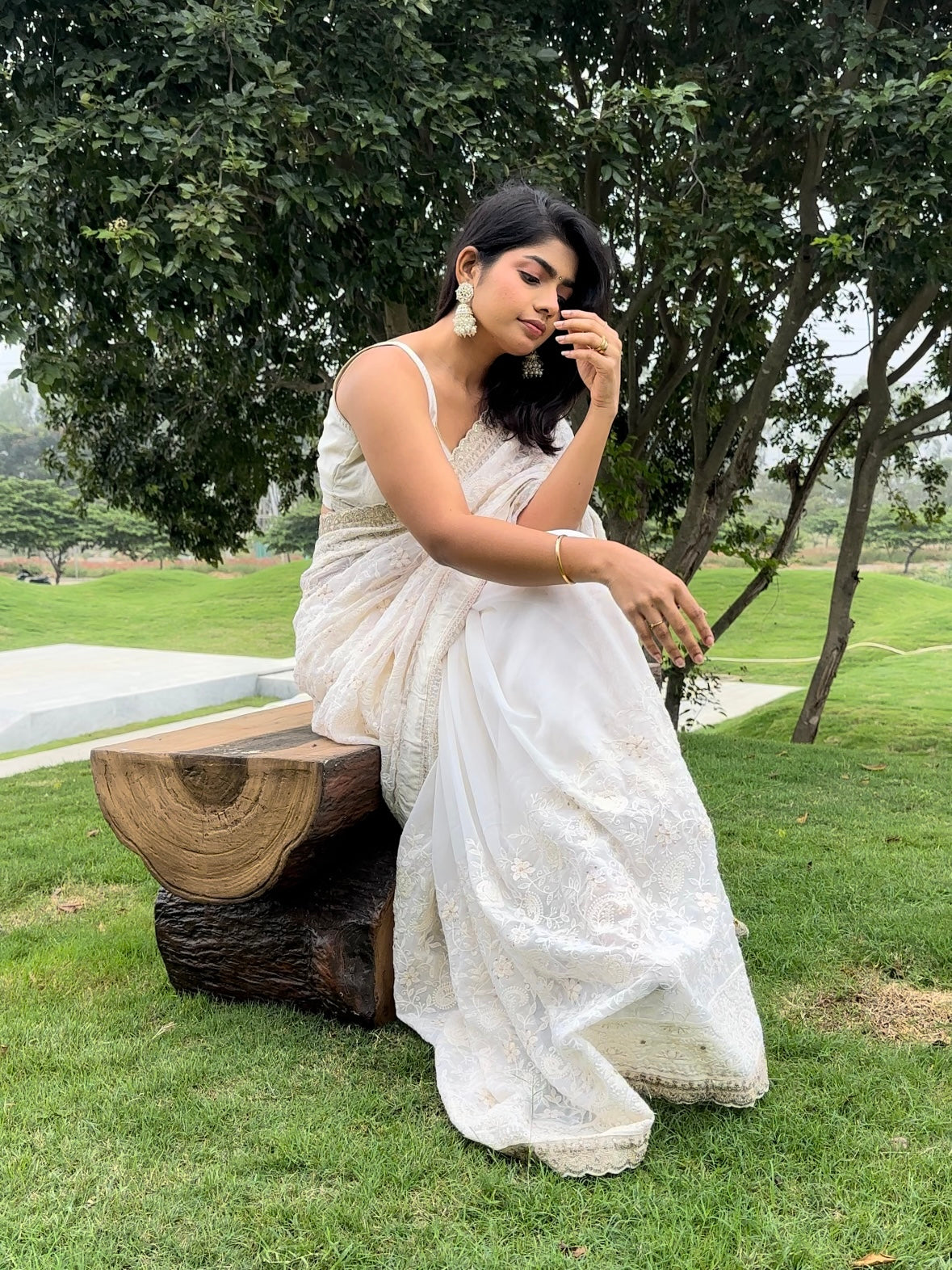 Off-white Chikankari saree