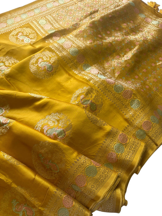 Mastard yellow mashru satin silk saree