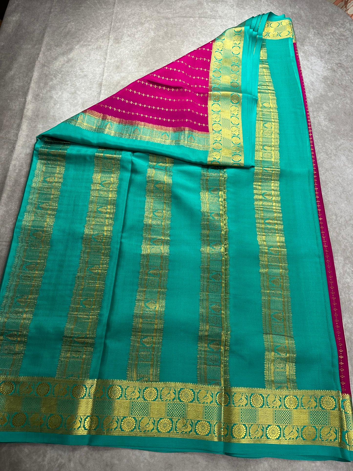 Rani pink- teal green Sudarshan gatti kalanjali pure crepe silk saree