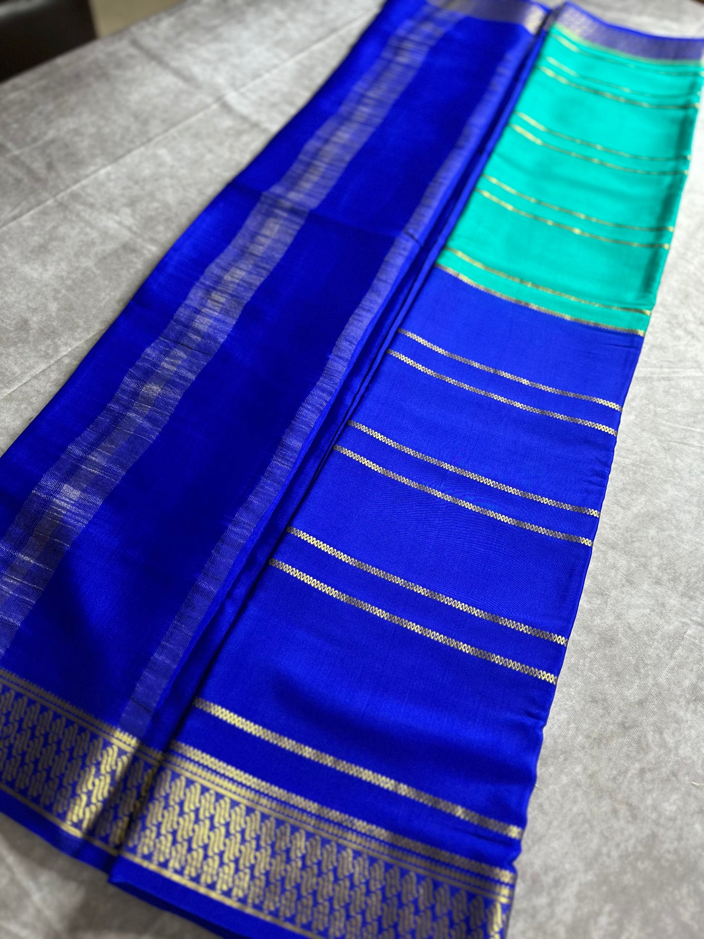 Sky Blue- royal blue fancy 1/2 X 1/2 stripes crepe silk saree