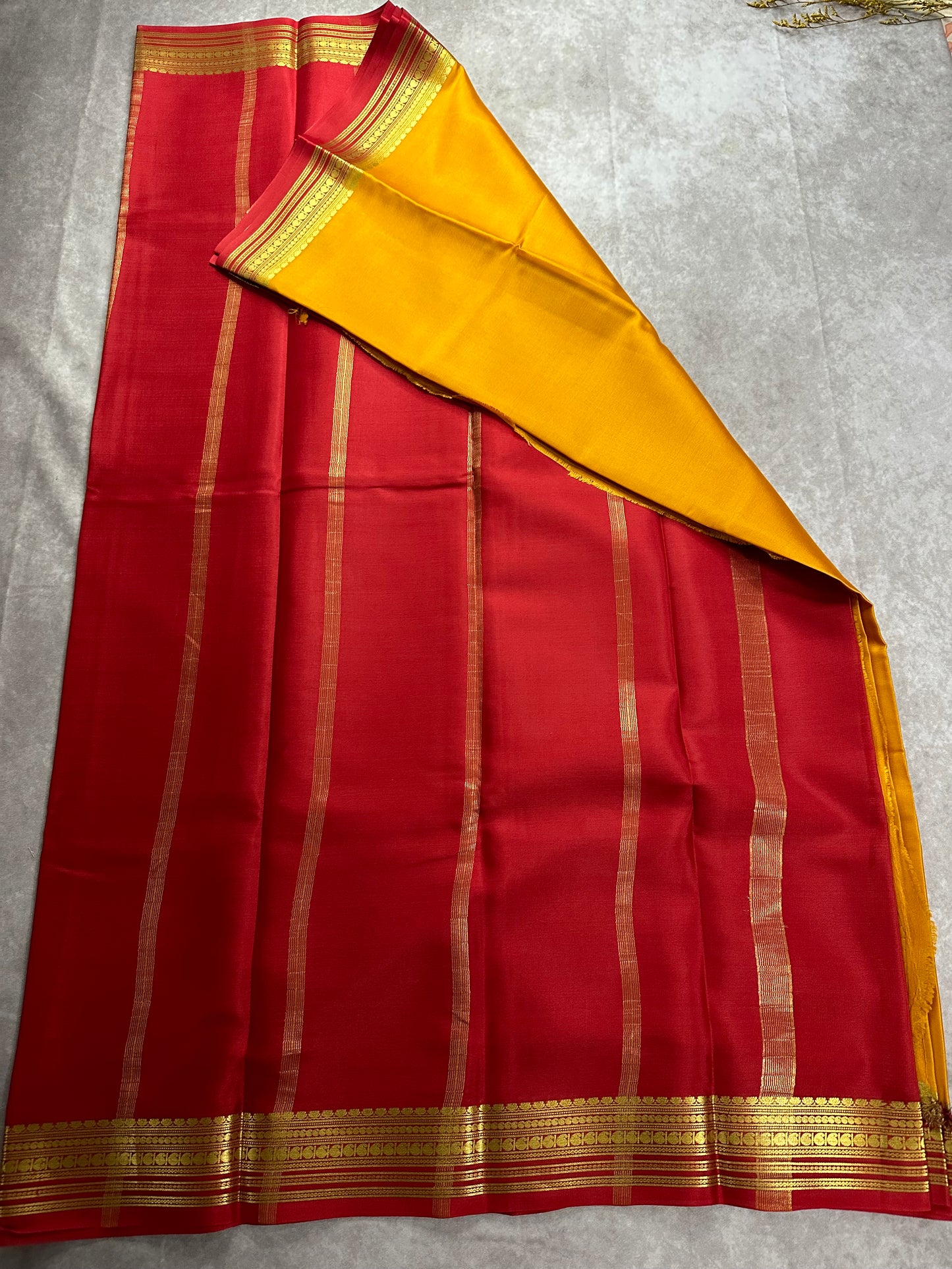 Mustard yellow- red ashwini pure crepe silk saree