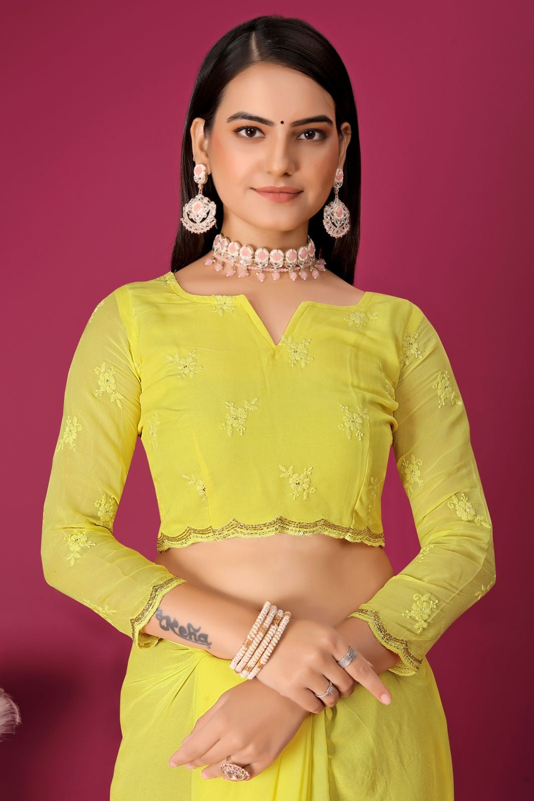 Yellow embroidery saree