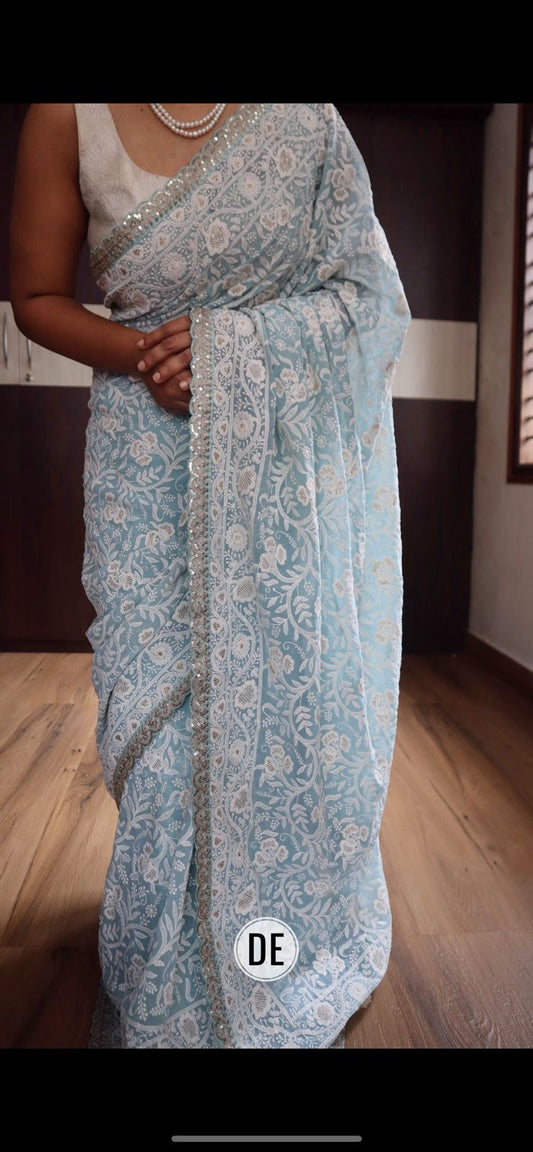 Sky blue Chikankari saree with borders