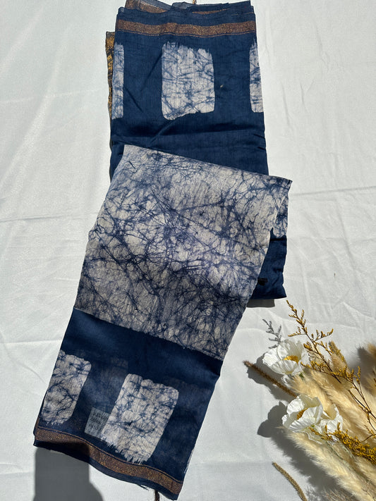 Blue Cotton batik print zari less saree