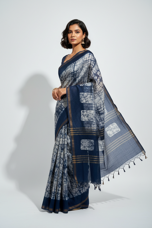 Blue Cotton batik print zari less saree