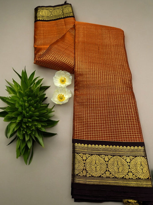 Rust orange- coffee brown pure Kanjeevaram silk saree