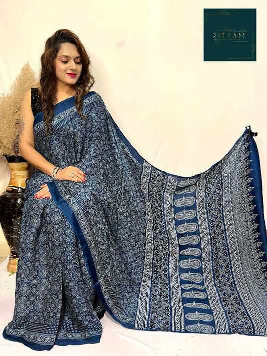 Rama blue ajrak printed saree