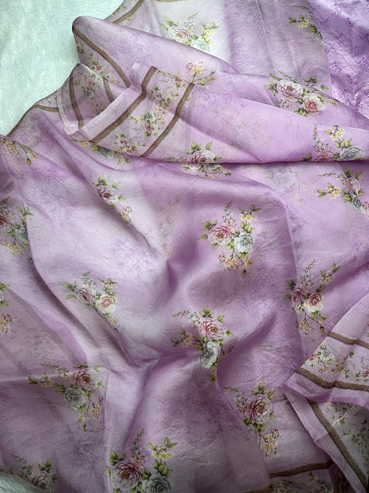 Lavender Pure printed organza saree