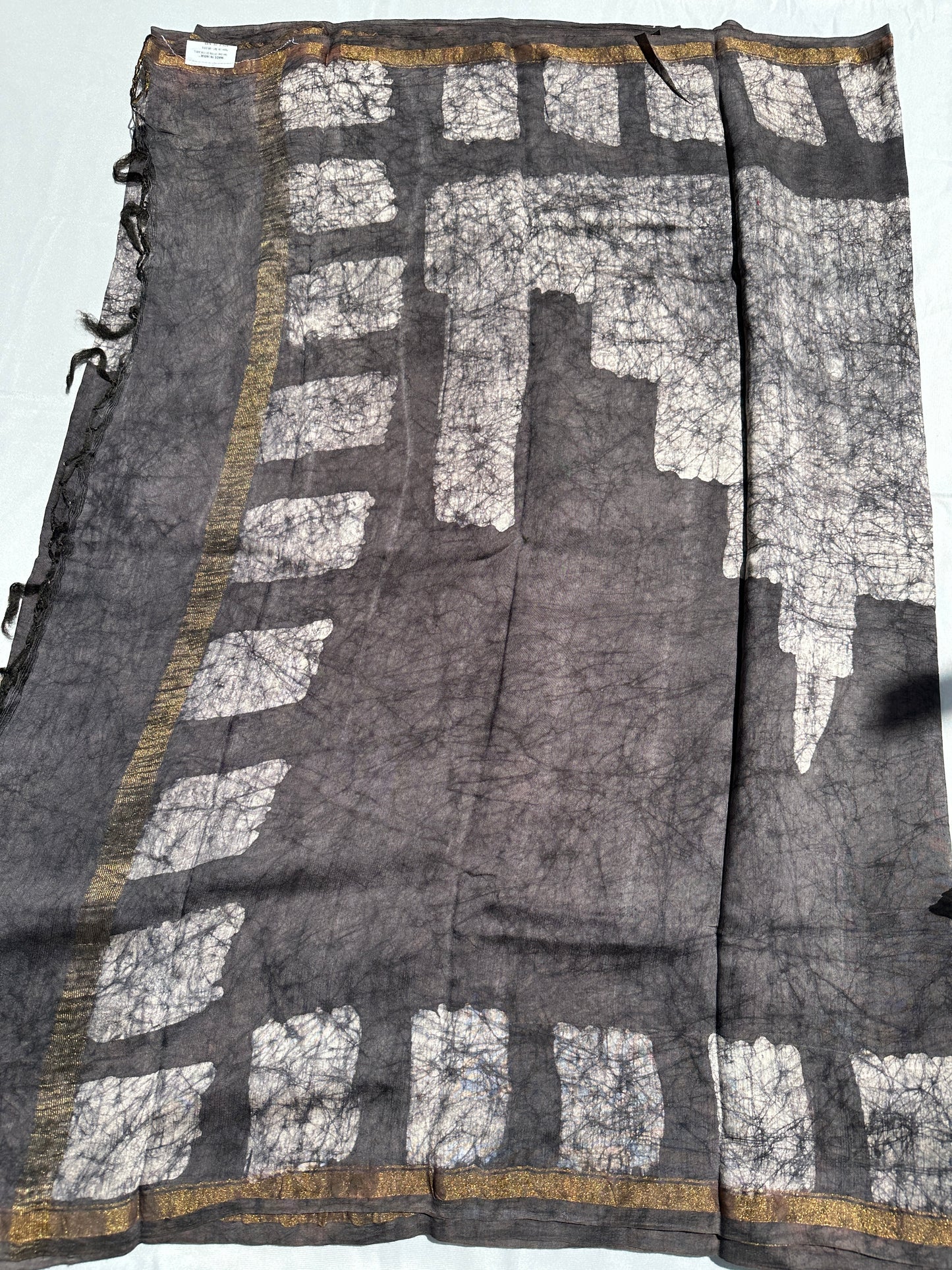 Grey Cotton batik print zari less saree