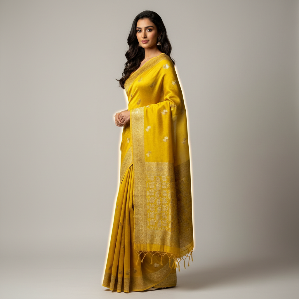 Mustard yellolw 0-100 organza handloom saree