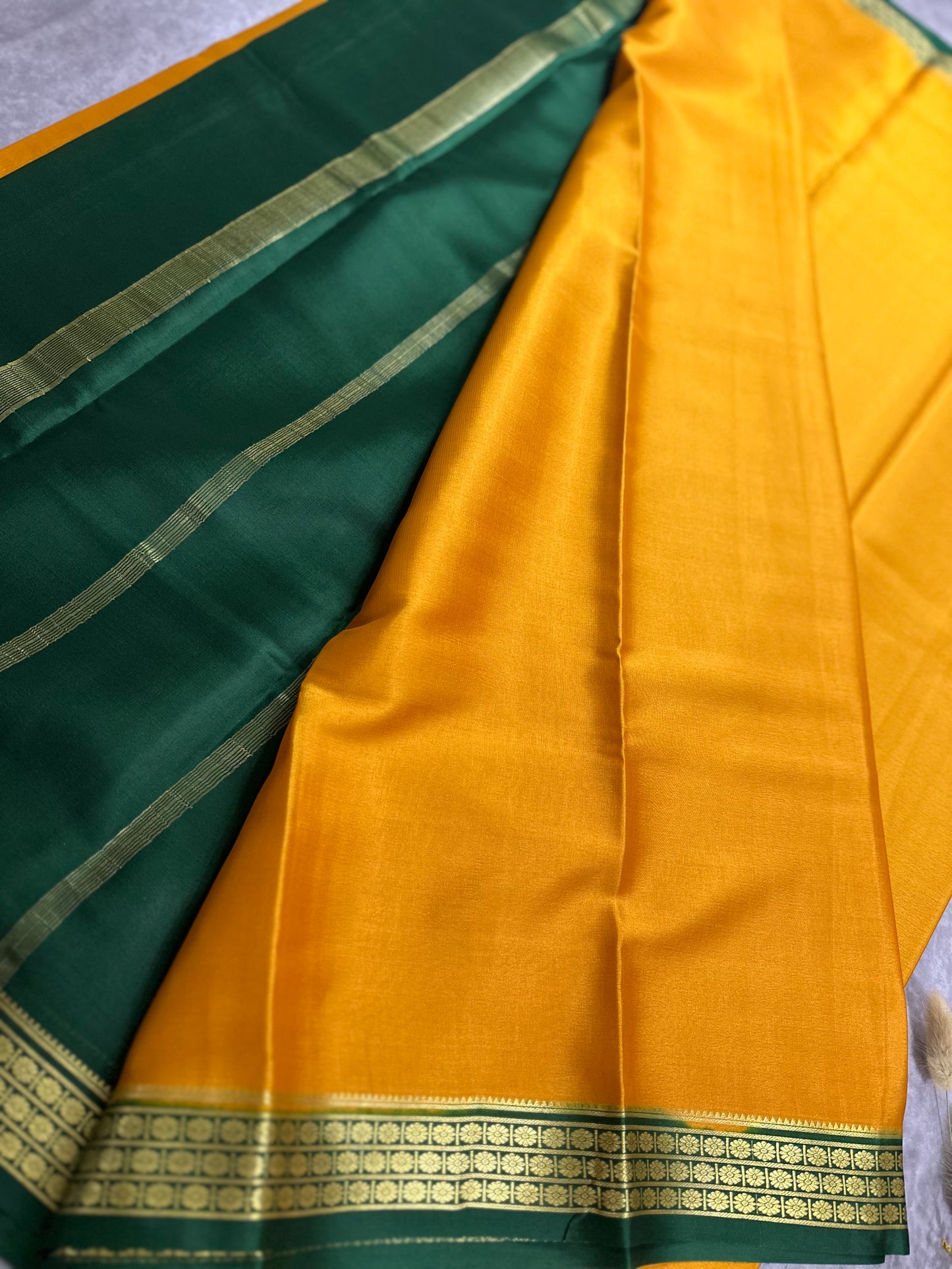 Mustard yellow- green ashwini pure crepe silk saree