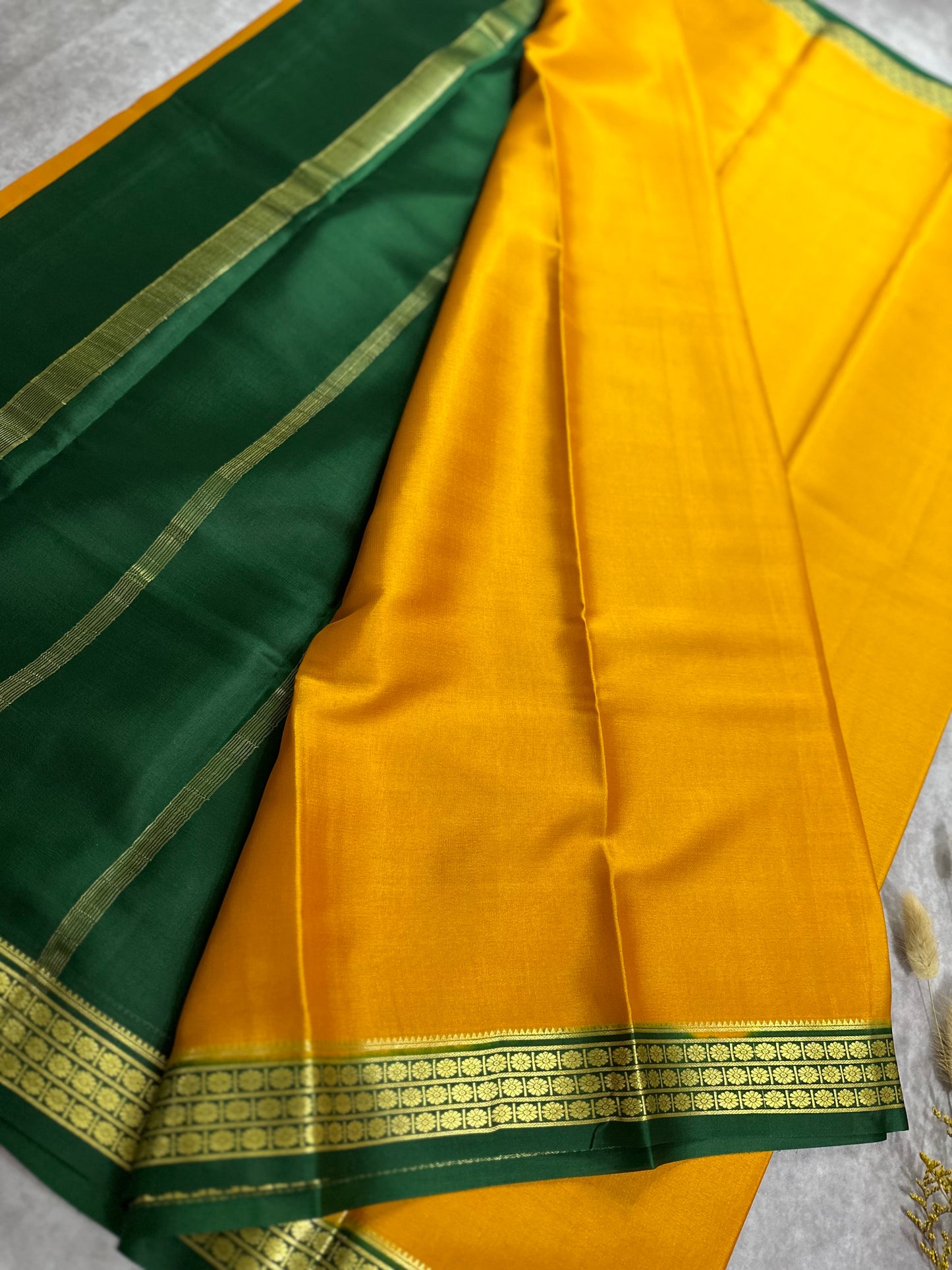 Mustard yellow- green ashwini pure crepe silk saree