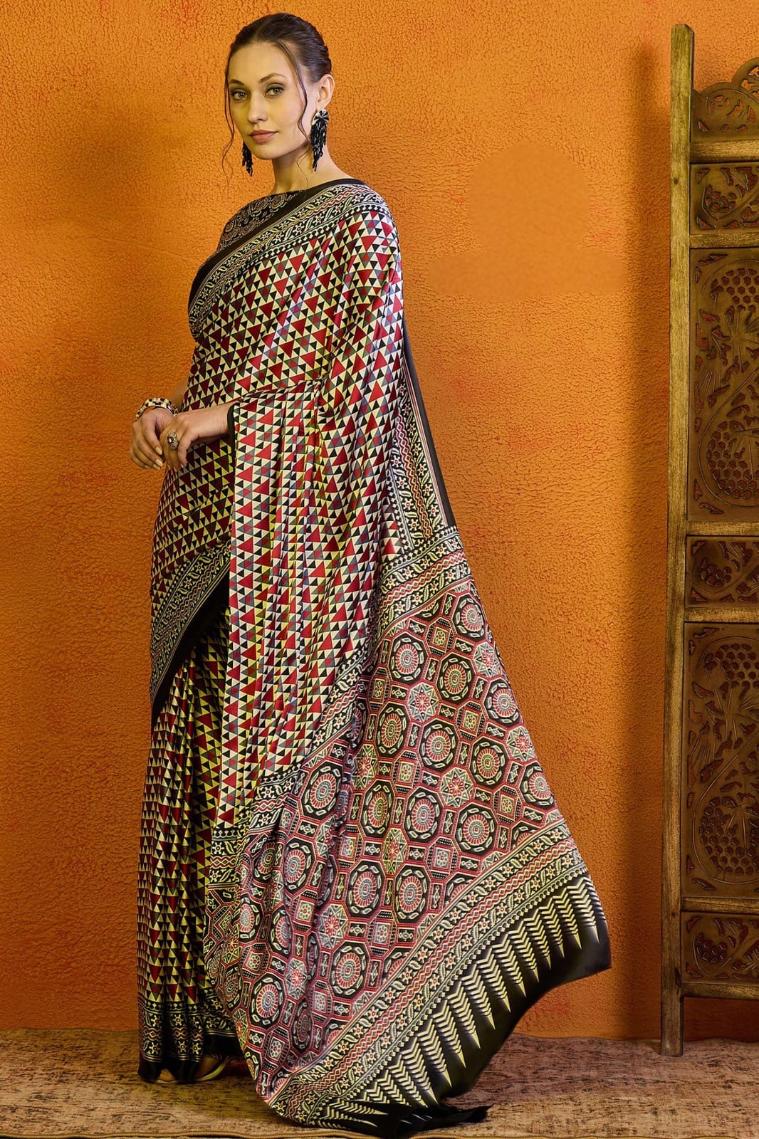 Multi coloured soft modal satin saree