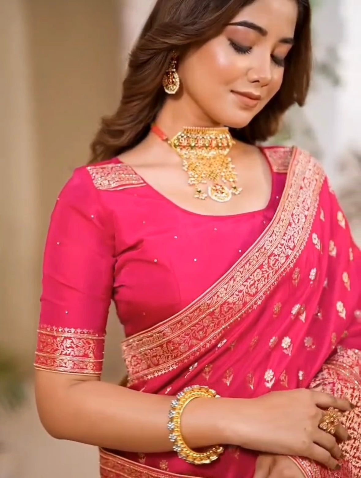 Rani pink Soft Dola silk embroidery saree