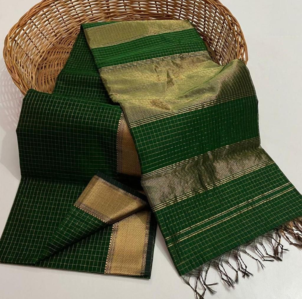 Bottle green checks handloom silk saree