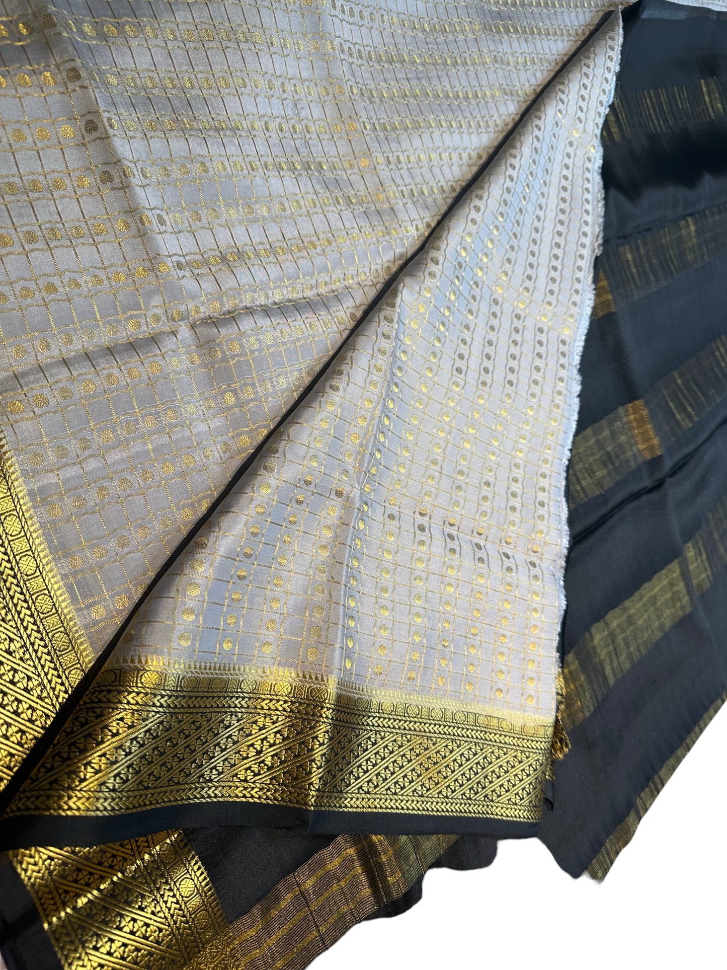 GREY- BLACK PURE POLKA CHECKS PURE CREPE SAREE