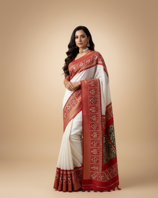 White-red chikankari X patola -Georgette saree