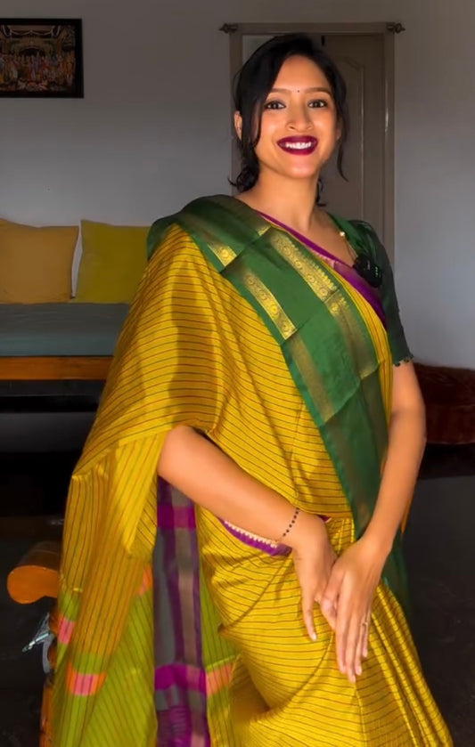 Mustard yellow semi silk saree