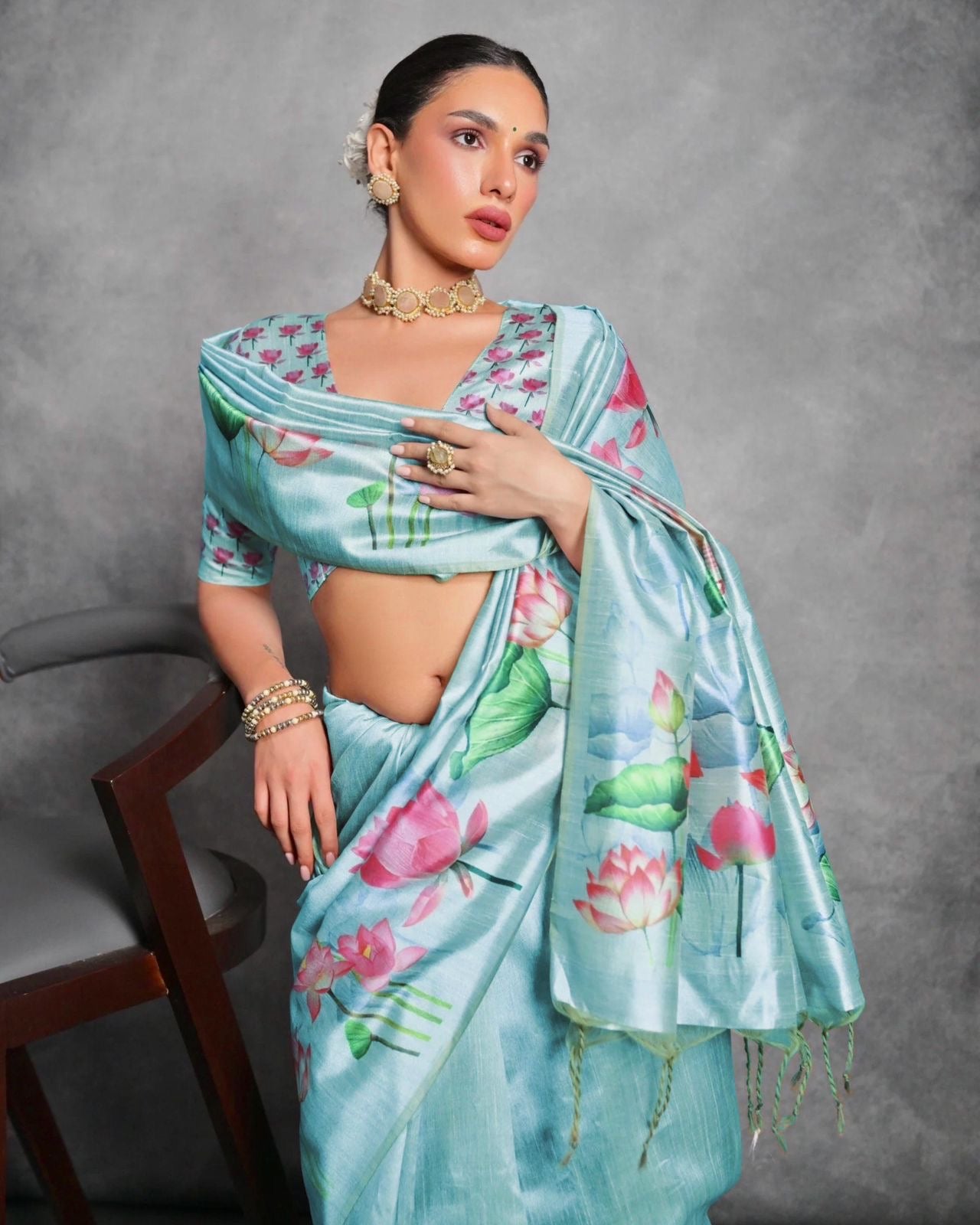 Sky blue Digital flower printed blouse saree