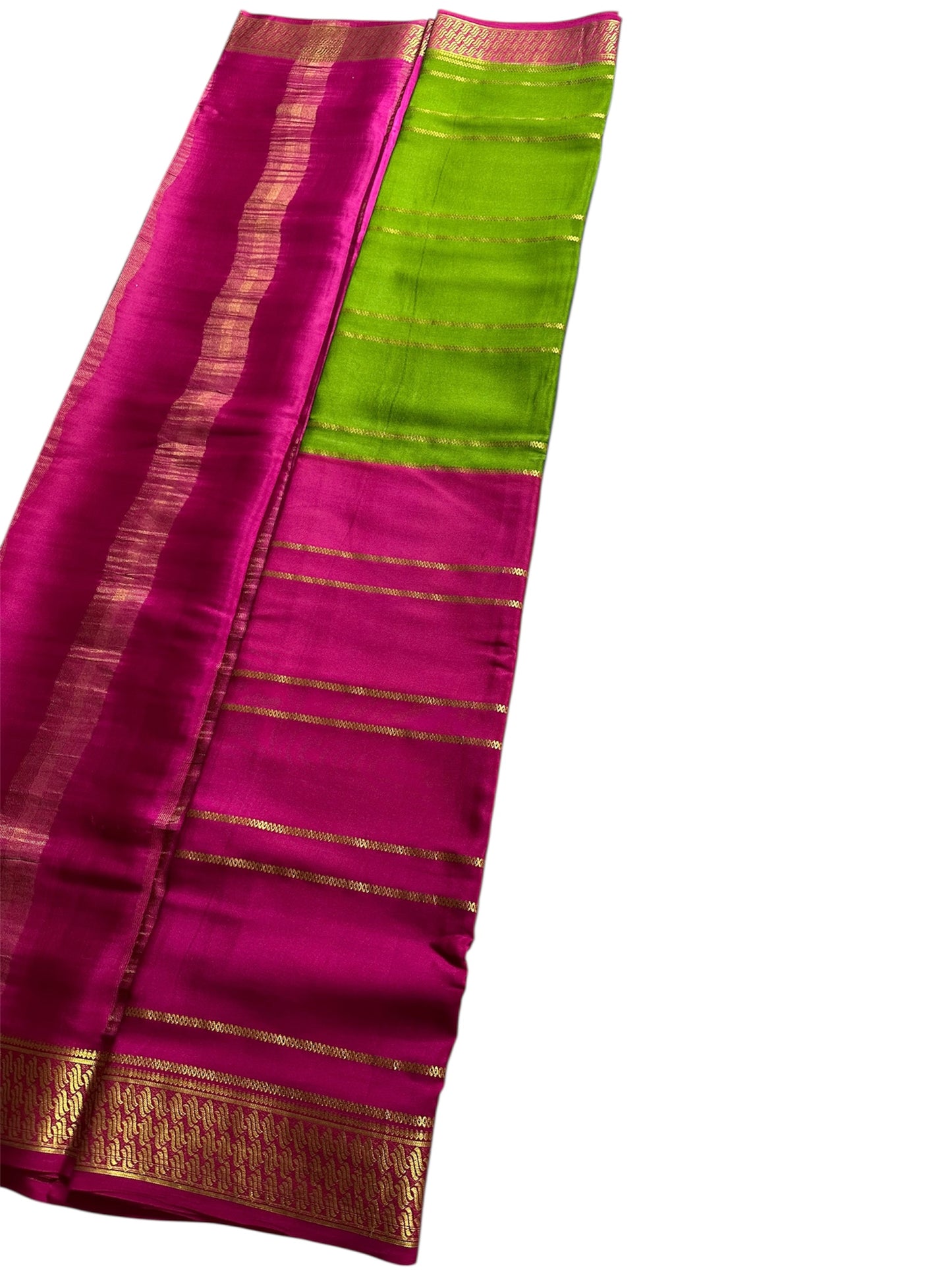 Rani pink-green fancy 1/2 X 1/2 stripes crepe silk saree