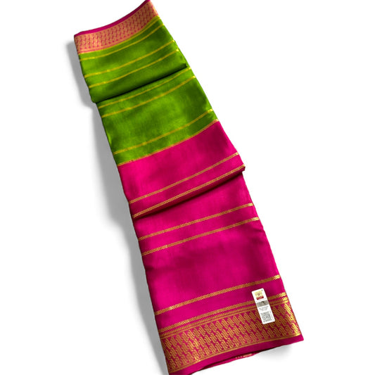 Rani pink-green fancy 1/2 X 1/2 stripes crepe silk saree