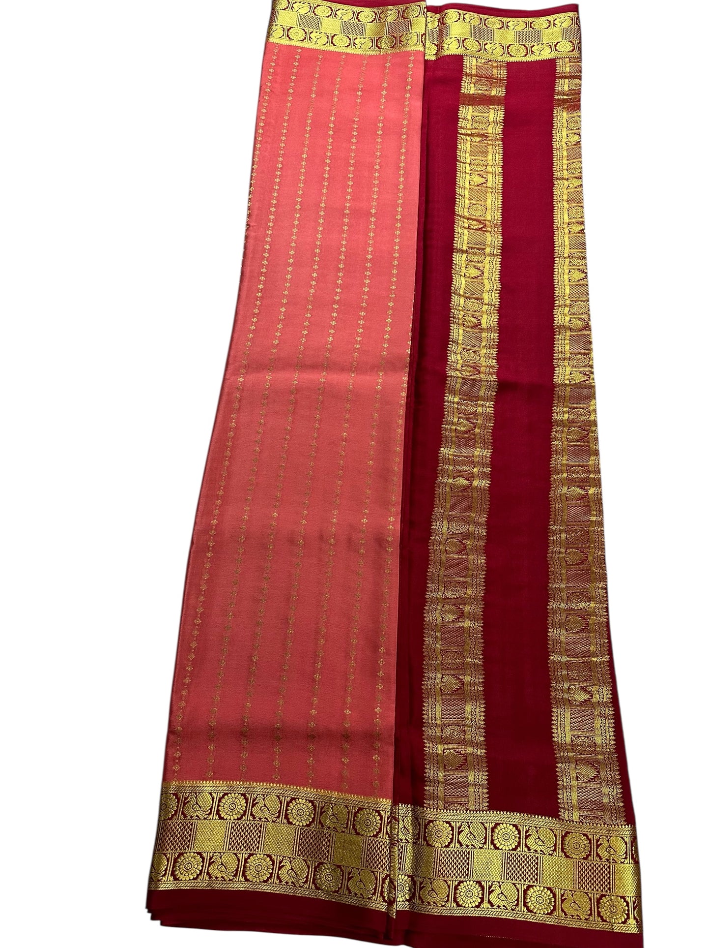 Peach- deep maroon Sudarshan gatti kalanjali pure crepe silk saree