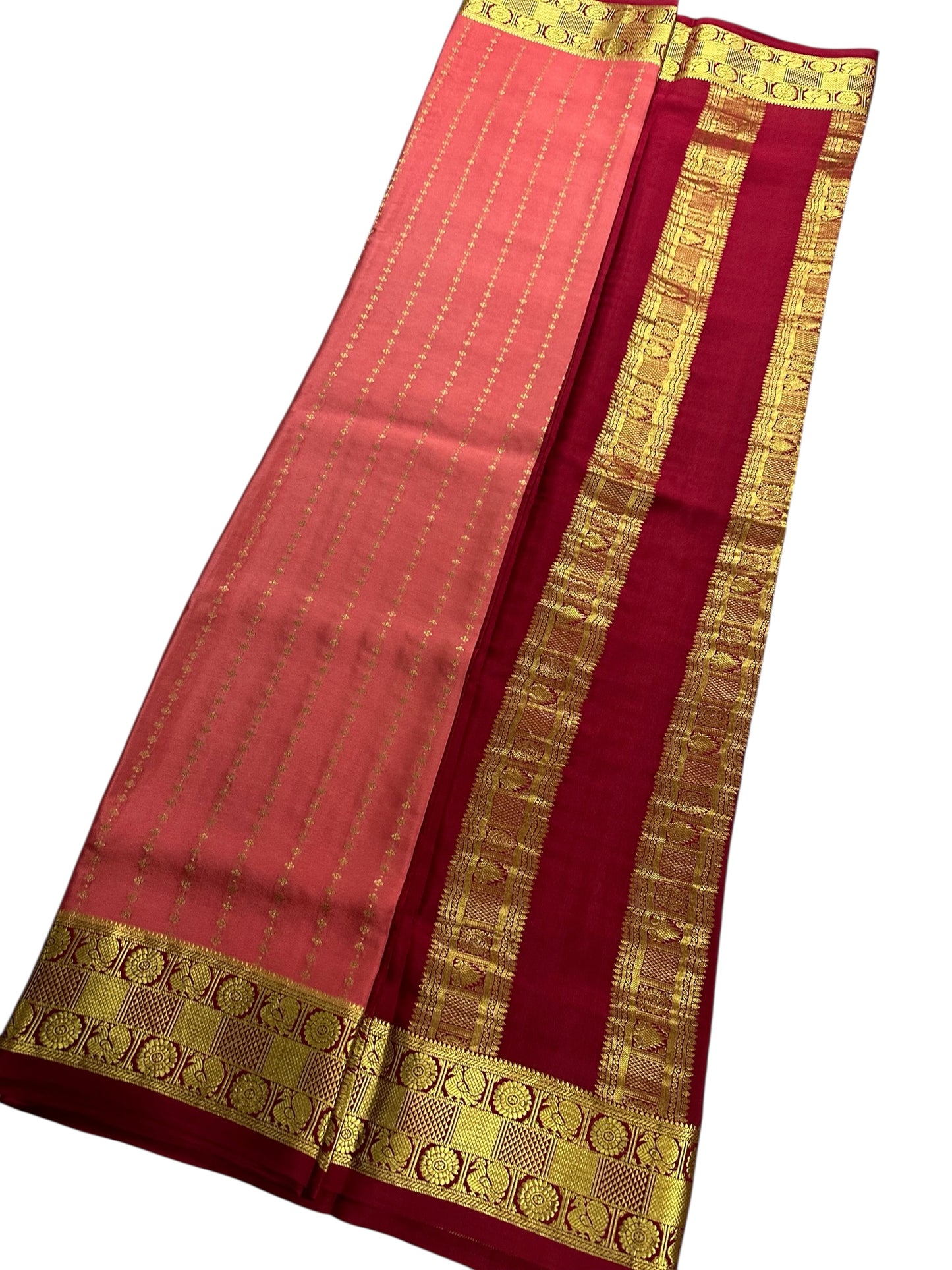 Peach- deep maroon Sudarshan gatti kalanjali pure crepe silk saree