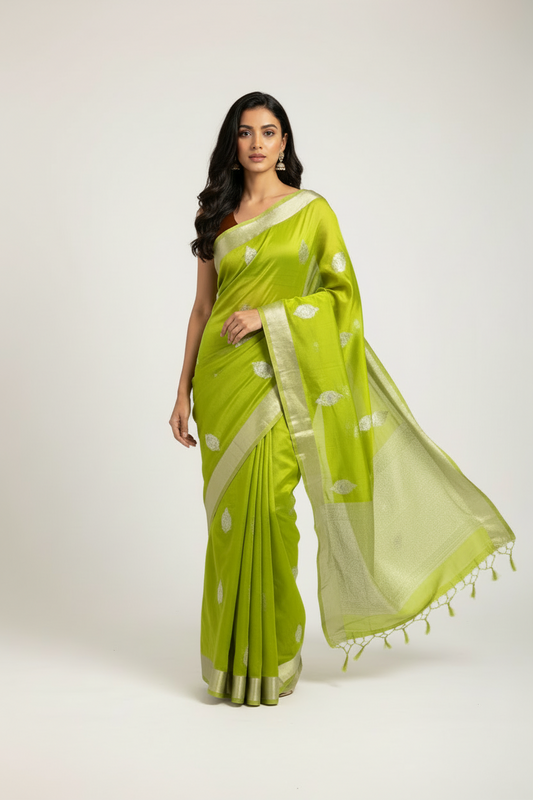 Parrot green pure organza silk saree