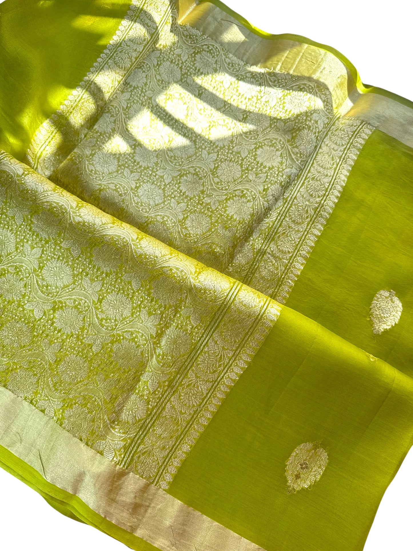 Parrot green pure organza silk saree