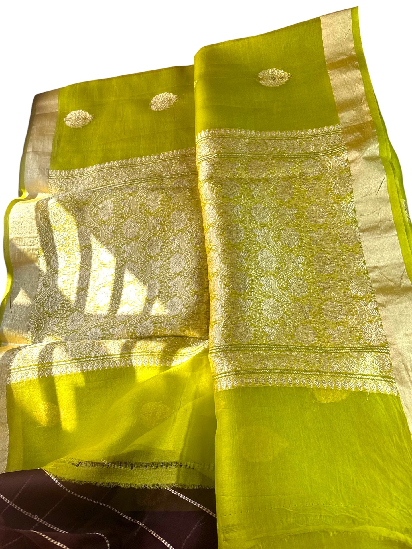 Parrot green pure organza silk saree