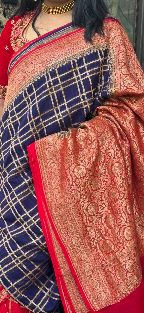 Blue-red pure georgette saree