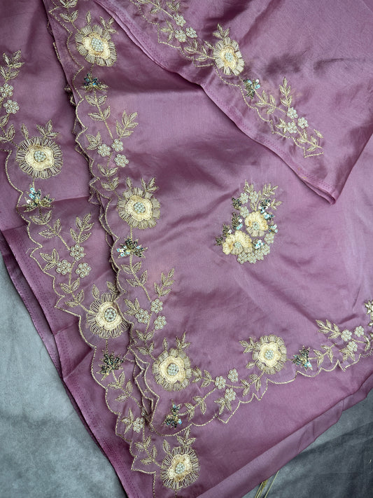 Pink satin organza hand embroidery saree