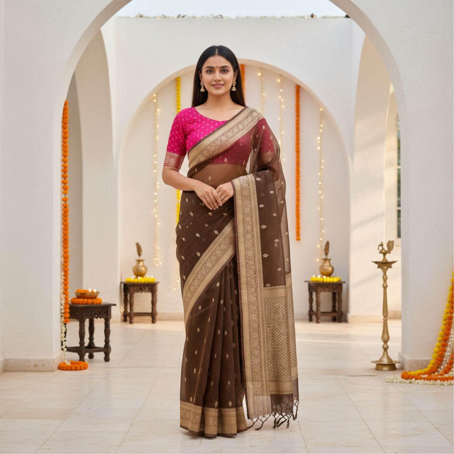 Coffee brown -Rani pink pure organza silk saree