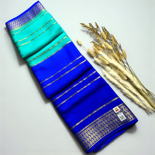Sky Blue- royal blue 1/2 X 1/2 stripes crepe silk saree