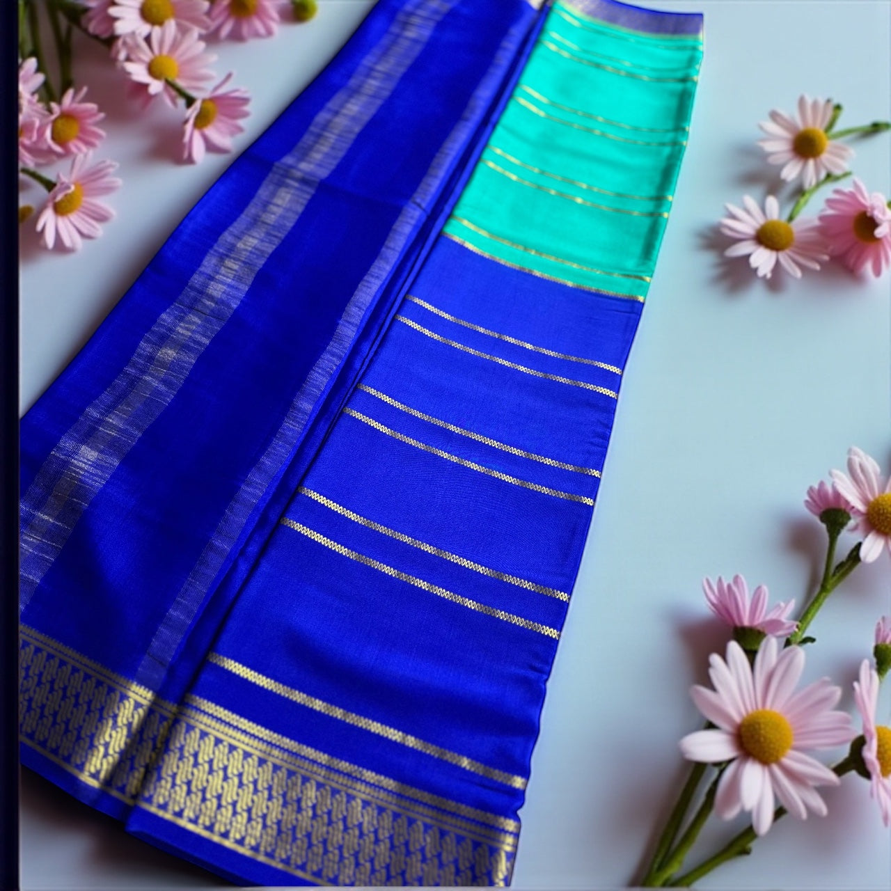 Sky Blue- royal blue 1/2 X 1/2 stripes crepe silk saree