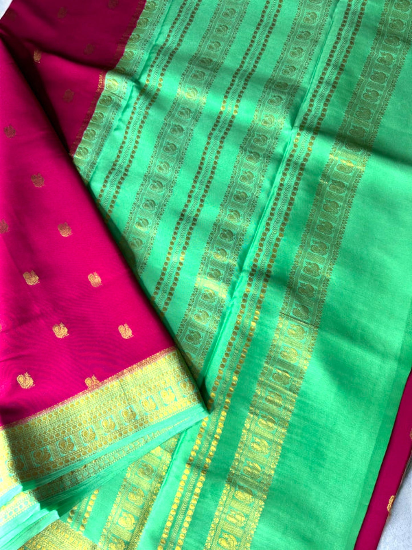 Magenta pink- teal green peacock butta pure crepe swan silk saree