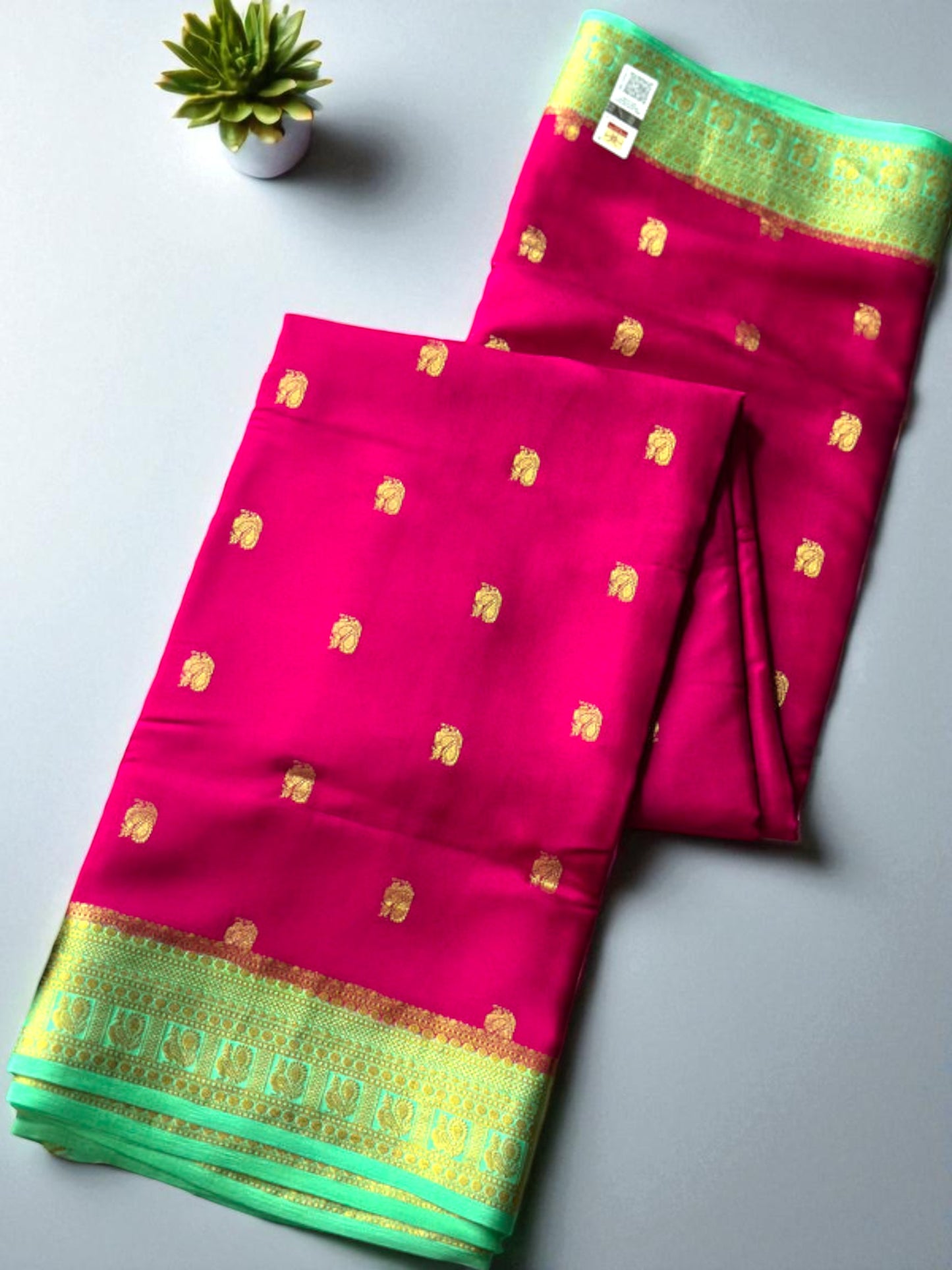 Magenta pink- teal green peacock butta pure crepe swan silk saree
