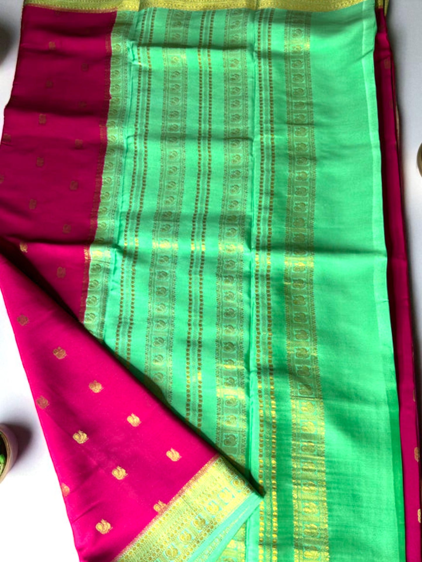 Magenta pink- teal green peacock butta pure crepe swan silk saree