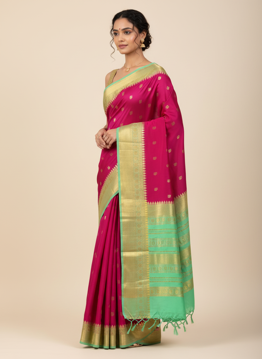 Magenta pink- teal green peacock butta pure crepe swan silk saree