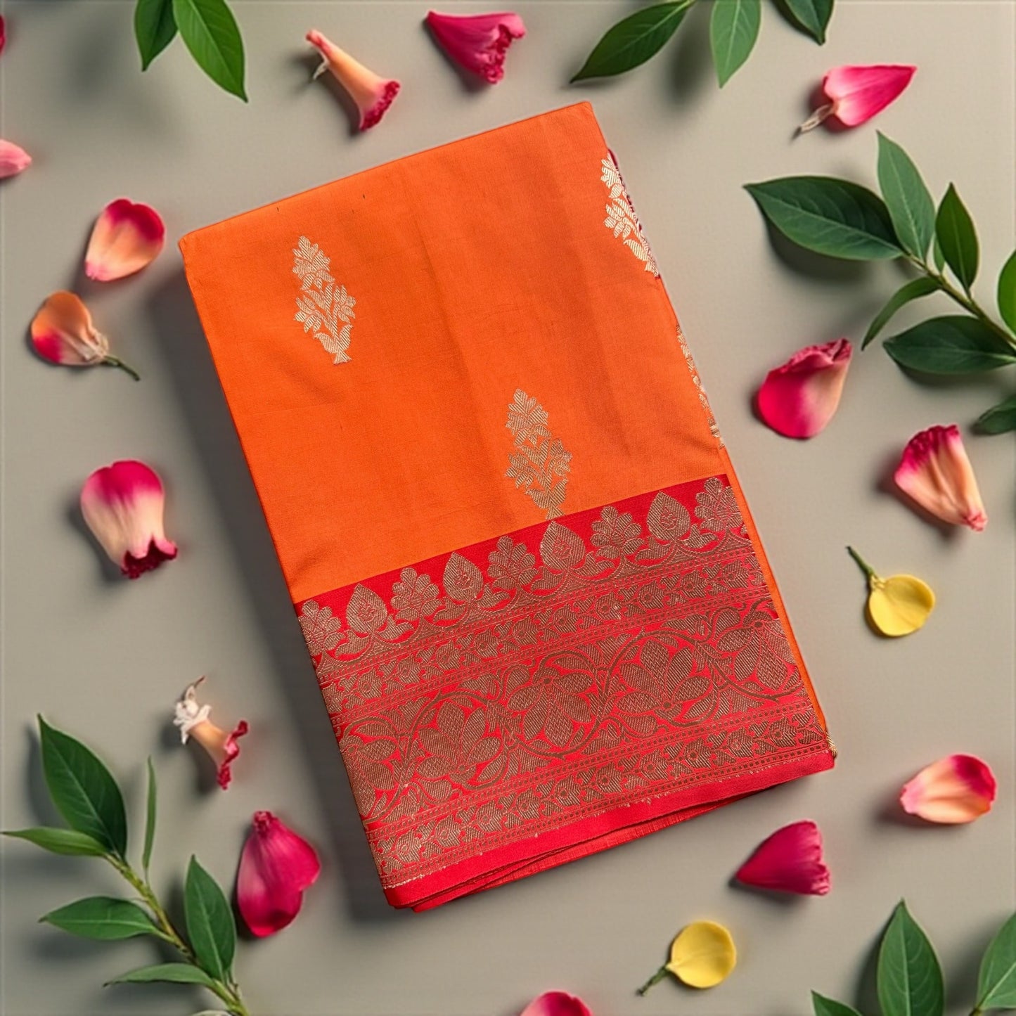 Orange-red  pure Banarasi silk saree