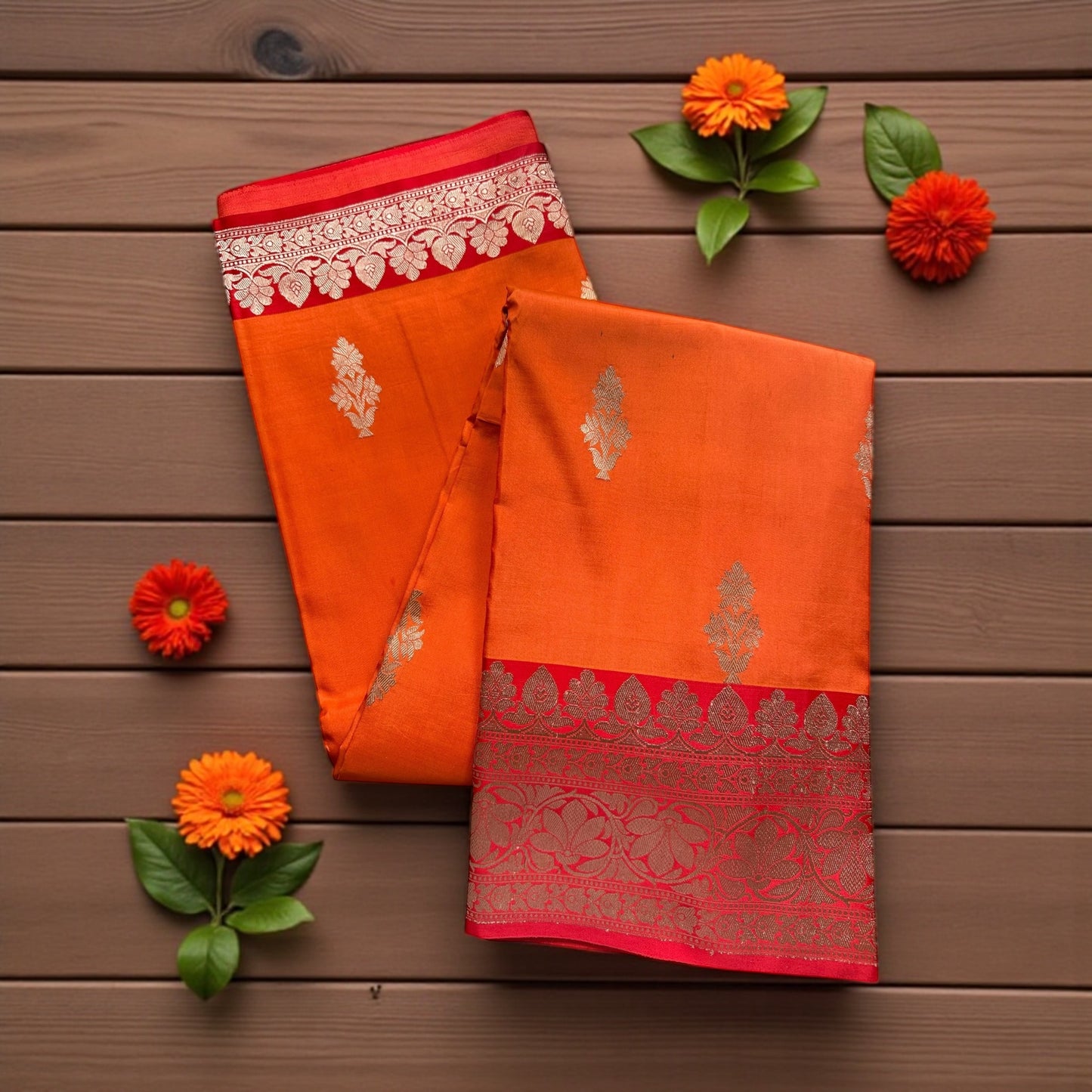 Orange-red  pure Banarasi silk saree