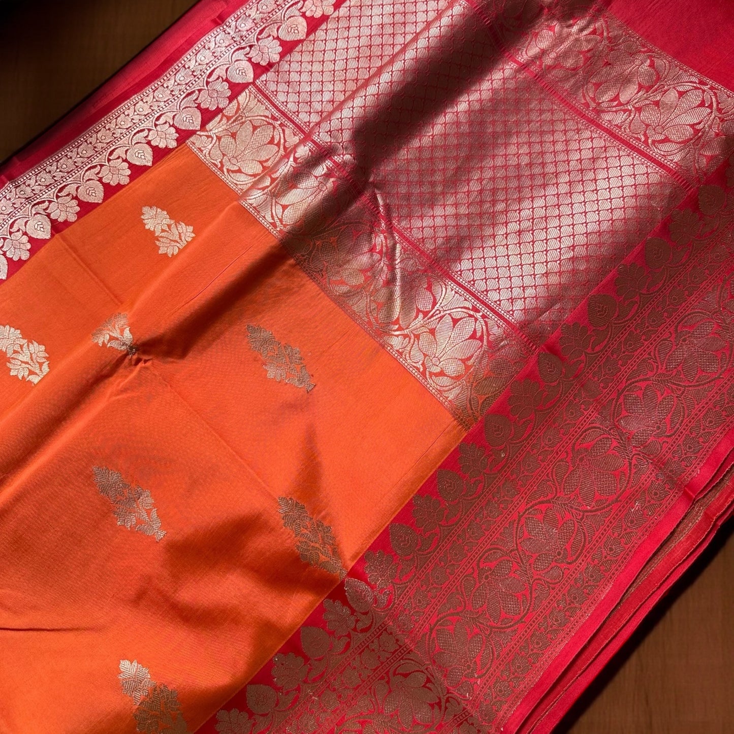 Orange-red  pure Banarasi silk saree